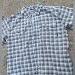Simms Cor3 Pearl Snap Vented Fly Fishing Shirt Mens L Short Sleeve Gray Plaid